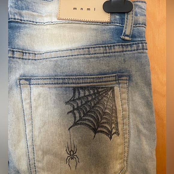 MNML Italian distressed graphic straight (Size 30) Blue Stretch-fit Jeans - Picture 7 of 13